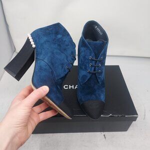 Chanel Suede Blue Pearl Lace Up Heel Boot